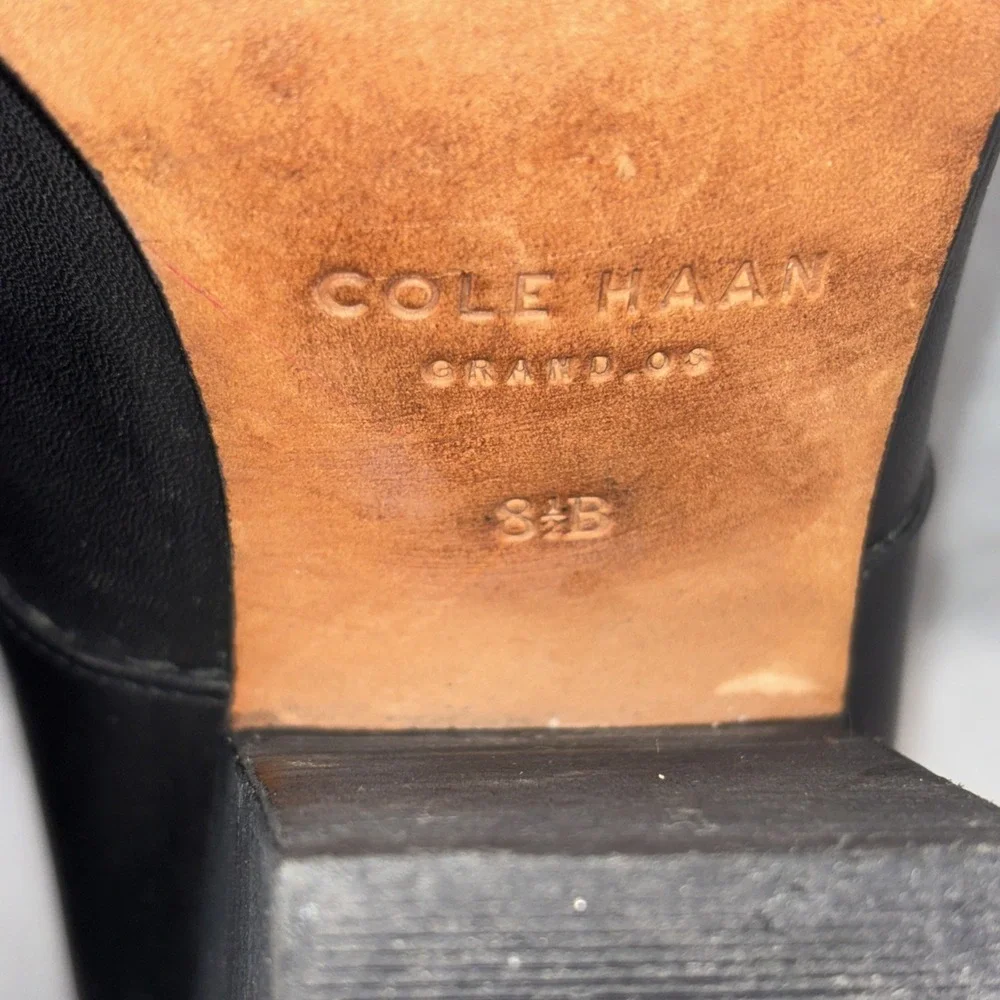 Cole Haan HAYDEN Grand.OS Black Leather Ankle Boots Block Heel Gold Accents W8.5